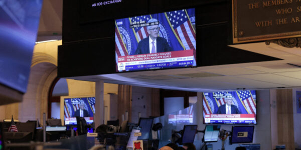 FILE PHOTO: Federal Reserve Chair Jerome Powell interest rate announcement at the New York Stock Exchange (NYSE) in New Yo...